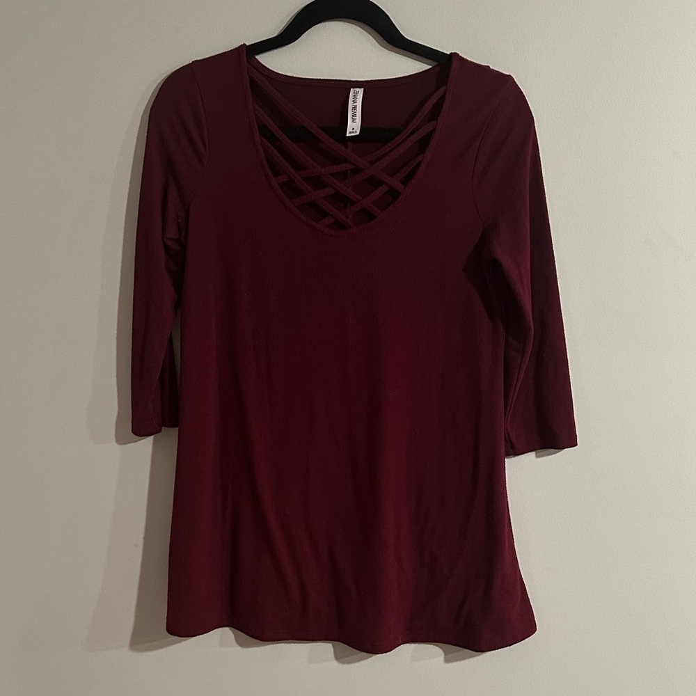 Criss-Cross Neckline Burgundy Tunic Top – Size M